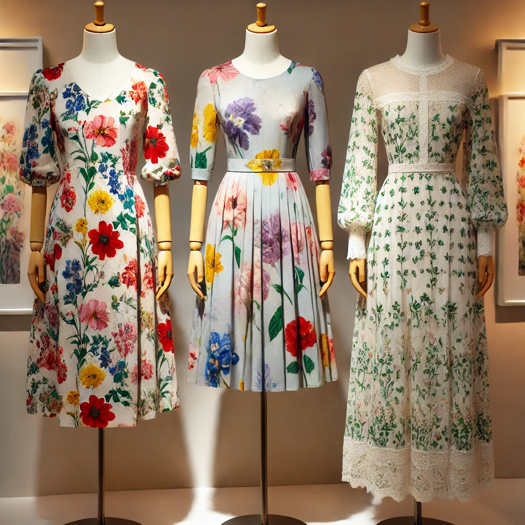 DALL·E 2024-12-17 14.17.58 - Three different floral dresses displayed on mannequins, each with a unique floral print. The first dress is a summer sundress with a vibrant pattern o