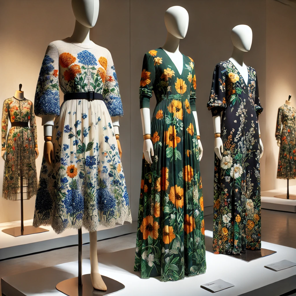 DALL·E 2024-12-17 14.18.02 - Two floral dresses displayed on mannequins, each featuring distinct floral patterns and different color palettes. The first dress is a knee-length dre